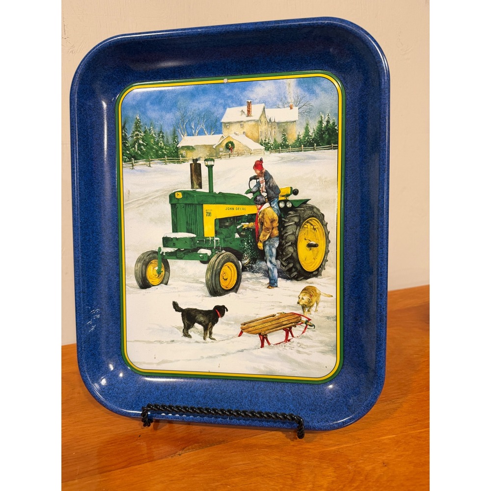 Vintage John Deere Sleigh Ride with Daddy Tin Tray 1999 RL Crouse Model 730 Blue